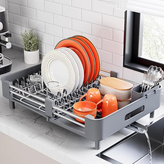 Urackify Extendable Stainless Dish Drying Rack for Kitchen Counter, Gray | 13.78"W x 18.7"L, Foldable Drainboard for Space Saving, Knife and Utensil Holder, Fast-draining Spout by Urackify