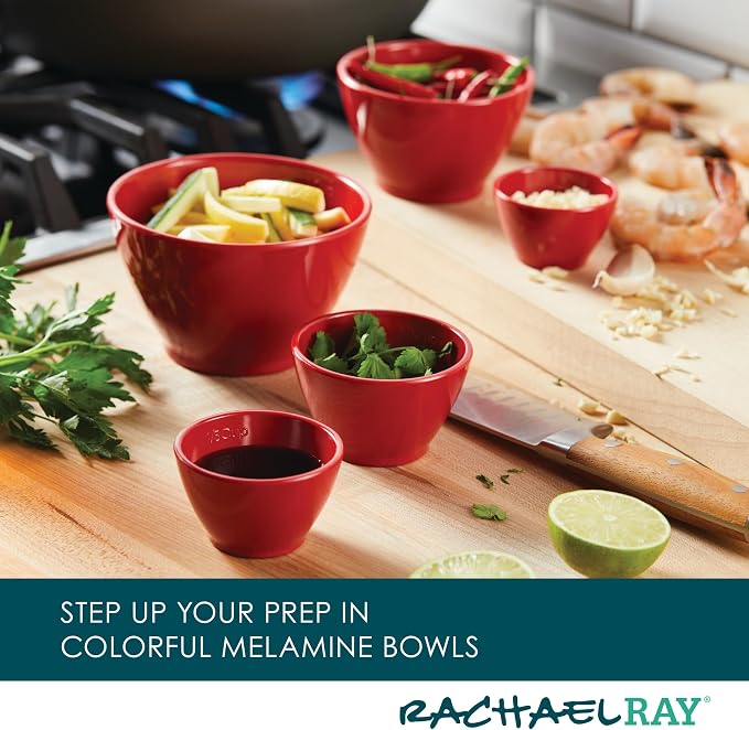 Rachael Ray Pantryware Nesting Mixing Bowls with Built-in spouts and Handles and Measuring Cups For Space-saving storage, Utensil Set, Dishwasher Safe, 10 Piece, Red - Image 4