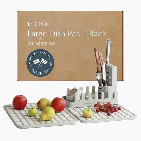 Dorai Home Collapsible Dish Drying Rack with Stone Dish Pad - Kitchen Counter Set with Diatomaceous Earth Stone Dish Mat for Quick Drying - Space-Saving Design - Large 24.6" x 16.5", Sandstone by DoraiHome