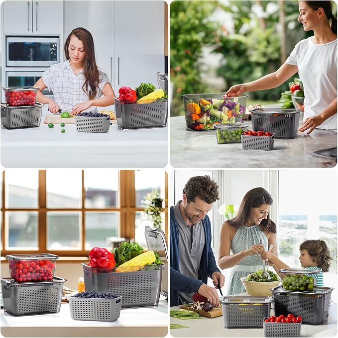 LUXEAR 4 Pack Fruit Containers for Fridge, Vegetable Storage Container with Lids &Removable Colander Produce Saver Organizer for Refrigerator Keep Fruit, Veggie, Berry, Meat Fresh Longer-Grey - Image 8