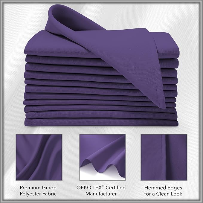 Lann's Linens Set of 12 Cloth Dinner Napkins, 17-inch Polyester Napkins, Washable and Reusable Fabric for Weddings, Hotels, Restaurants - Purple - Image 3