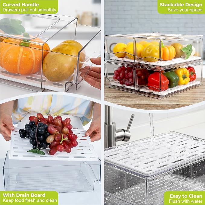 4Pack Fridge Organizer, Stackable Refrigerator Organizer Bins, Reusable Food Storage Containers, BPA-Free with Drain Tray for Bathroom, Kitchen, Refrigerator, Pantry (4 Drawers, Large, Medium) - Image 4