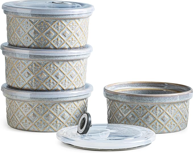 Large Ceramic Mixing Bowls with Lids Set of 4, 40 oz Salad Bowls for Kitchen Food Storage, Airtight Serving Bowls for Meal Prep, Cereal, Leftovers, Office Lunch, and Camping, Grey by MISSYSSIM