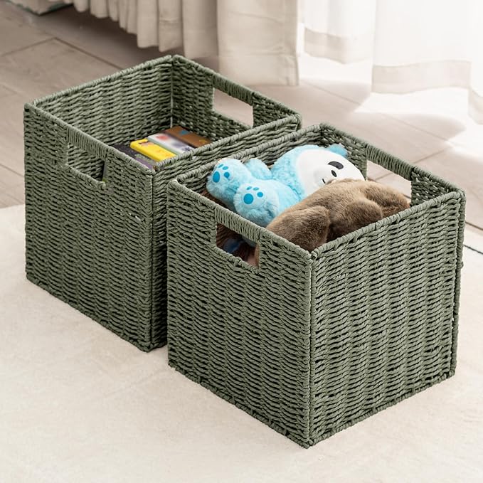Handwoven Paper Woven Cube Basket Organizer with Handles set of 4 Foldable Storage baskets for Bedroom Living Room Cubby Storage Units for Clothes Books Toys (Green, 13" L x 13" W x 13" H) - Image 6