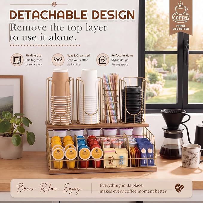 Coffee Cup and Lids Organizer with 4-compartment Double Layer, Cup and Lid Holder for Coffee Pod Straw and Lid Storage, Fits 4-20 oz Cups, Max Accommodable Dia 3.9 in - Image 5