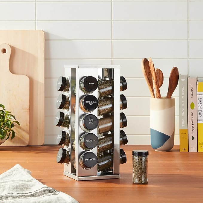 Kamenstein 20 Jar Heritage Revolving Countertop Spice Rack Organizer with Spices Included, FREE Spice Refills for 5 years, Brushed Stainless Steel with Black Caps (Pack of 3) - Image 8