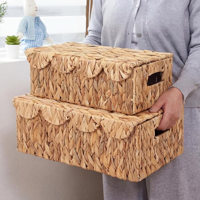 3 Pcs Large Wicker Storage Baskets with Lids 16" 14" 12" Scalloped Wicker Edge Basket Rattan Storage Rectangle Box Large Water Hyacinth Bins with Built in Handles for Living Room, Nursery - Image 4