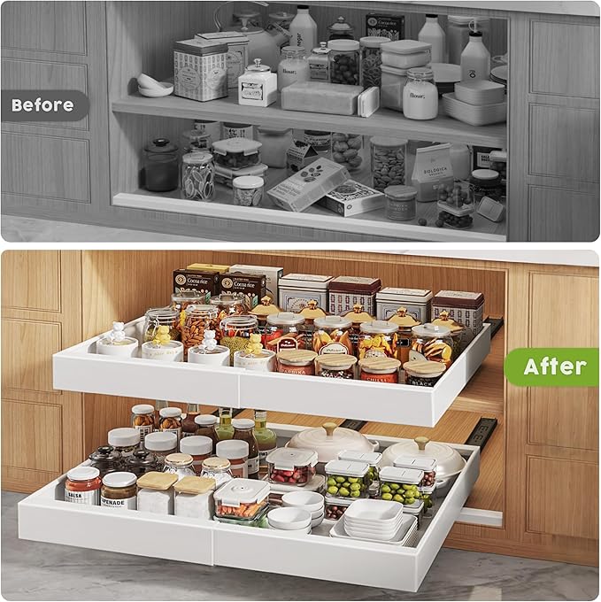Seinloes 4 Pack Pull Out Cabinet Organizers 21" Deep With Raising Pad for Framed Cabinets, Expandable Width (15.2"-26.3") Slide Out Drawers Upgrade 3 Slide Rails, Roll Out Shelves Adhesive, White - Image 5