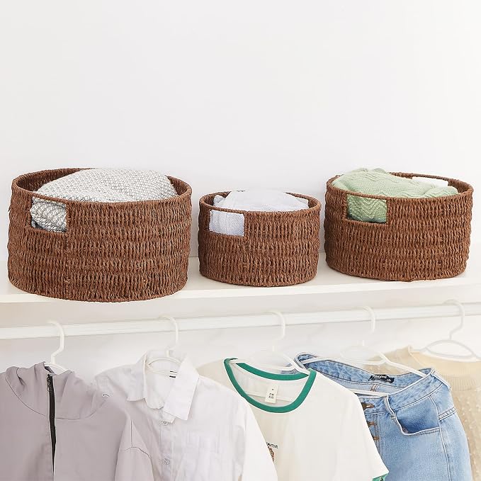Wicker Storage Basket, Hand-Woven Paper Rope Large Round Woven Basket With Handles, Wicker Baskets for Organizing/Storage, Brown, 3-Pack - Image 4