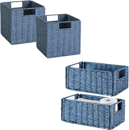 Wicker Baskets for Storage, Set of 4 Hand-Woven Wicker Storage Baskets for Shelves, Cube Storage Baskets Bins with Handles, Wicker Basket for Organizing Pantry Bedroom, Blue by Vagusicc