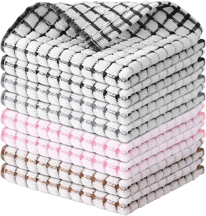 Kitinjoy Cotton 8 Pack Terry Kitchen Dish Cloths, Mix Color | 12 x 12 Inches Super Soft and Absorbent Dish Rags, Quick Drying Dish towels for Washing Dishes by Kitinjoy