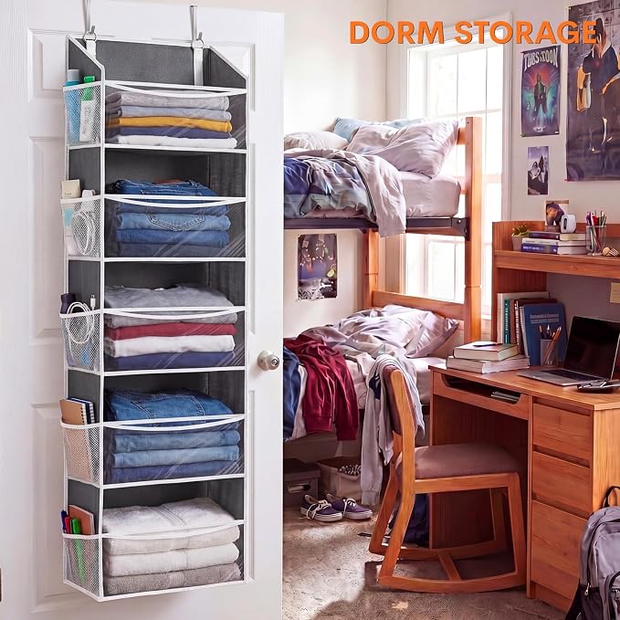 2P 5Tiers Over Door Organizer,Weekly Clothes Organizer for Kids | 5 clear PVC front pockets, 10 mesh side pockets, weekly outfit planner, for kids, dorm, entryway, RV, 50 lbs capacity - Image 6