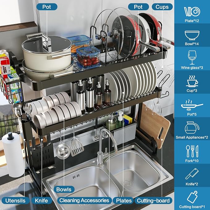LIVOD Over The Sink Dish Drying Rack,3 Tier Adjustable Length Full Stainless Steel Large Storage Kitchen Dish Rack,for Kitchen Counter Expandable Multifunctional Organizers,Silver (25.5'' to 37.6'') - Image 2