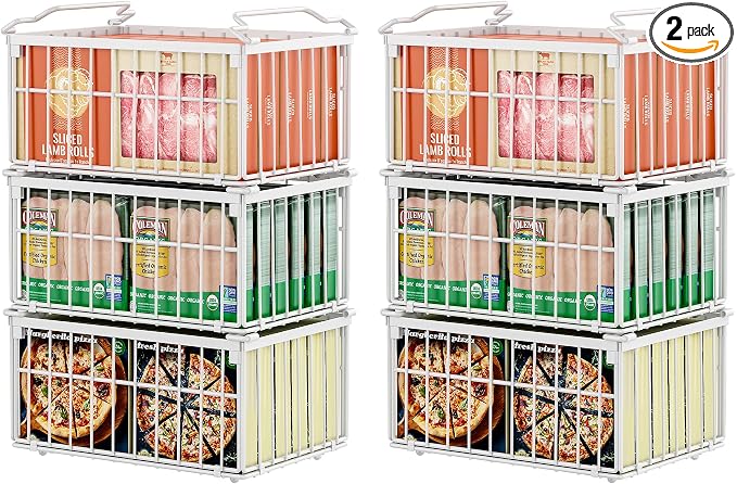 Freezer Organizer Bins, 6 Pack Enlarged Baskets for 5-9 Cu.FT Deep Freezer | Stackable Chest Freezer Organizer Bins, Foldable with Handles, White Storage Container Baskets for Sort Frozen Meats by MSERCUOR