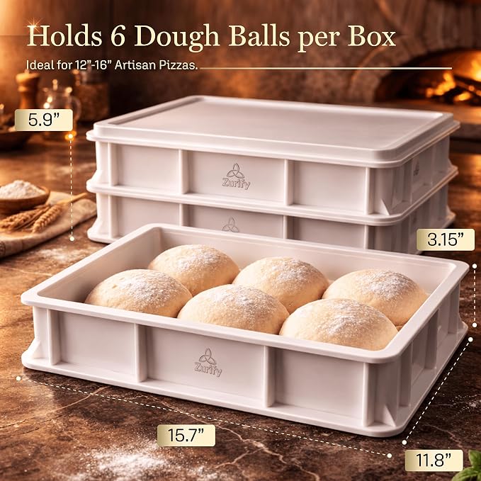 Pizza Dough Proofing Container Stackable Box 2-Pack With Lids by Zurify | 15.7 x 11.8 x 3.15in Stacks to 5.9in. Snug-Fit Lids Lock In Humidity 24-72Hr Cold Fermentation BPA Free Dishwasher Safe - Image 2