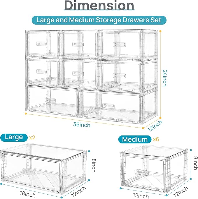 Vtopmart 8 Pack Large & Medium Stackable Storage Drawers Set | Easy Assembly Clear Plastic Storage Cabinet, Durable Dresser for Closet, Bedroom, Entryway, Playroom & Apartment Organization - Image 2