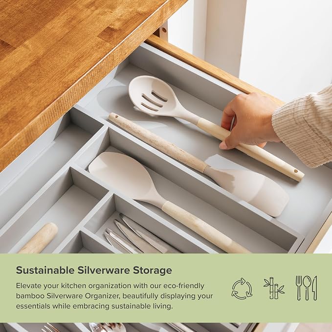 Silverware & Utensil Drawer Organizer, 18-33 in, Gray Bamboo | Cutlery, flatware, food-safe contract grade, kitchen drawer fit - Image 5