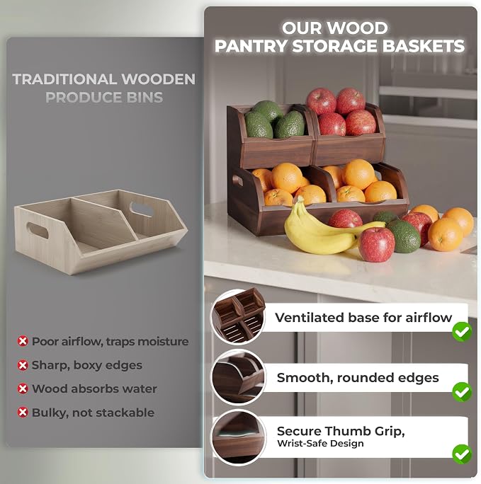 Acacia Potato and Onion Storage Bin - Stackable Wooden Storage Bins with Airflow Vent - Onion and Potato Storage Baskets for Kitchen Countertop Storage Organizer - Image 4