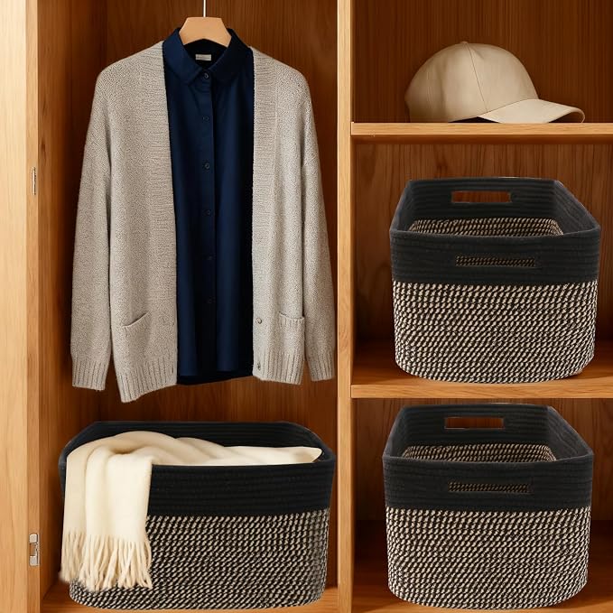 3 Pack Woven Baskets,Storage Baskets for Shelves with Handles | 13.5"×11"×9.5", Closet Baskets, Nursery Organizer for Toys Towels Books, Storage Bin for Living Room Bedroom (Black & Jute) - Image 8