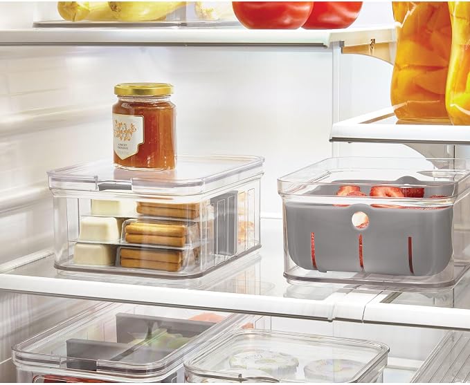 iDesign Small Fridge Berry Bin with Removable Colander Basket and Lid - Set of 6 - Clear/Gray - Image 7