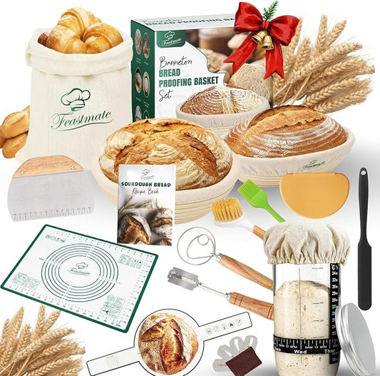 Sourdough Starter Kit - Banneton Bread Proofing Basket Set with Liners, Sourdough Bread Baking Supplies & Bread Making Tools - Includes two Banneton Basket, Tools with Sling & Kneading Pad by Feastmate