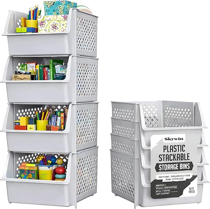 Stackable Storage Bins Open Front for Pantry Storage, 4 Pack - Light Grey | Sturdy Plastic, Easy Stacking, Open Front Access, Ventilated Sides, Vertical & Space Saving Pantry Organizers and Storage Bin by Skywin