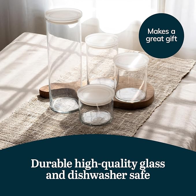 Libbey Stacking Cylinder Assorted Storage Jars, Stackable Glass Jars Set of 4, Airtight Plastic Lids, Dishwasher Safe Food Jars for Storing Dry Goods - Image 6