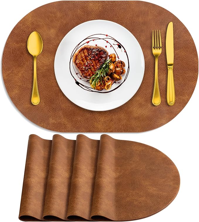 ADRIMER Placemats, Heat Resistant Oval Placemats Set of 4 Washable 12 x 17 Inch, Waterproof Table Mats, Wipeable Pu Place Mats for Kitchen, Dining Room, Turmeric Brown by Adrimersdreamistobeanindispensablecompanioninyourlife