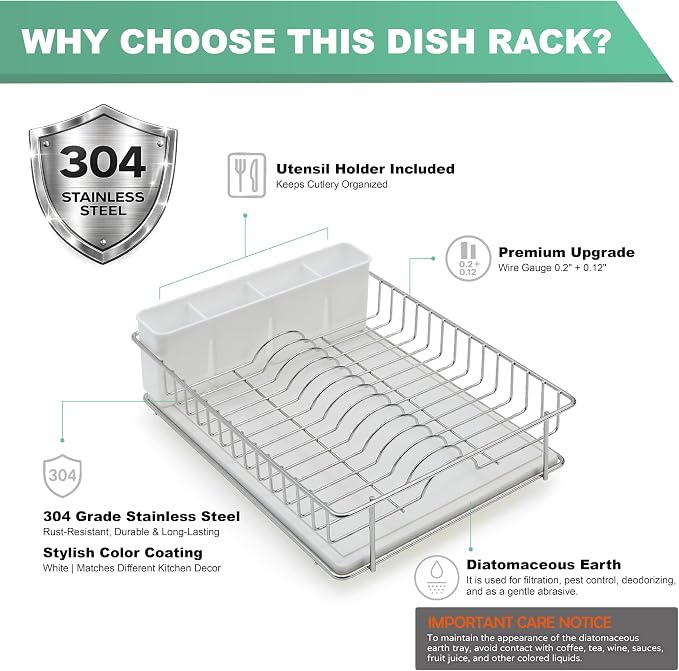 SunnyPoint 304 Stainless Steel Dish Drying Rack with Diatomaceous Earth Drainboard & Removable Utensil Caddy – Rust Resistant Countertop Dish Rack for Kitchen (Silvery-Grey) - Image 4