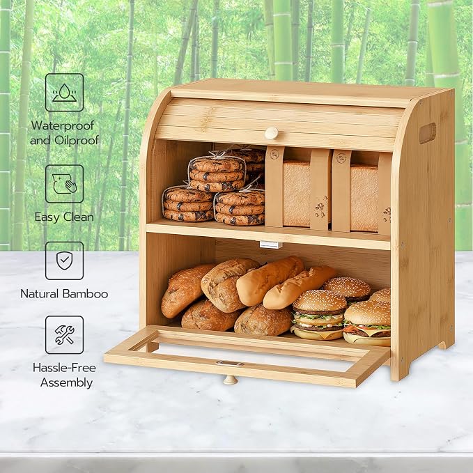 HOOBRO Bread Box, Bamboo Bread Box for Kitchen Countertop, 2 Tier Roll-Top Bread Bin, Food Storage Box, Large Capacity Keeper, Wooden Storage Cabinet, for Kitchen, Dining Room, Natural YL13MB01 - Image 3