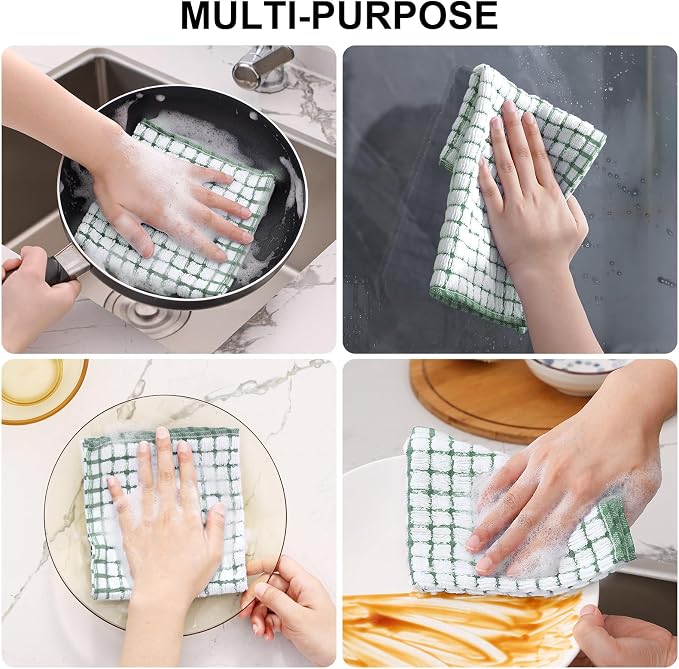 Kitinjoy Cotton 12 Pack Terry Kitchen Dish Cloths, Grass Green | 12 x 12 Inches Super Soft and Absorbent Dish Rags, Quick Drying Dish towels for Washing Dishes - Image 4