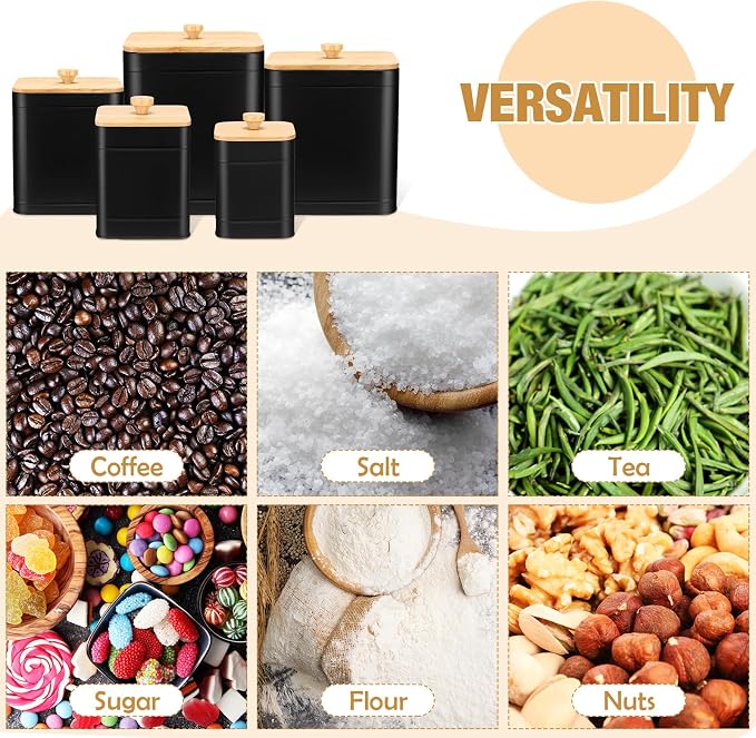 5 Pcs Black Kitchen Canisters for Countertop with Labels Airtight Metal Containers Coffee Tea Sugar Flour Jars with Spoon Farmhouse Big Food Storage Set for Kitchen - Image 4
