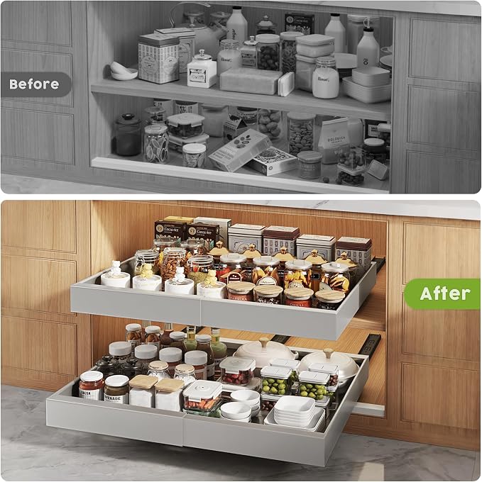 Seinloes 2 Pack Pull Out Cabinet Organizers 21"Deep With Raising Pad for Framed Cabinets,Expandable Slide Out Drawers Upgrade 3 Slide Rails,Roll Out Shelves Adhesive,Adjustable Width 12"-20.45" Silver - Image 6
