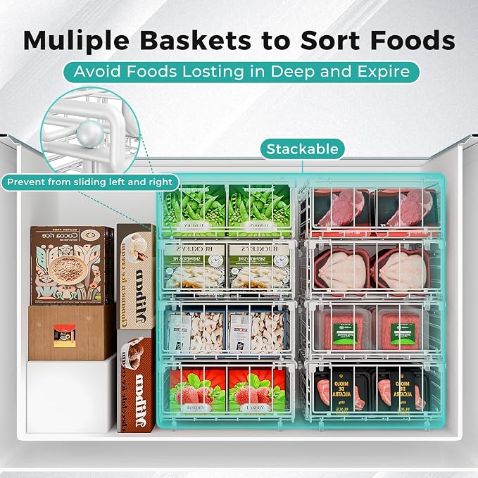OPENICE Expandable Freezer Organizer Bins for Deep Freezer (4 PCS, White) | Stackable Bins for Chest Freezer Organization | with 5 Tags for Efficient Classification | Fits 10 to 20 Cu.Ft Freezer - Image 4