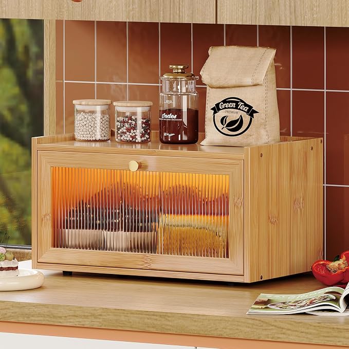 Trironsun Bamboo Bread Box with Led Light for Kitchen Counter Large Capacity Bread Storage Container Kitchen Countertop Organizer with Window Bread Holder (Natural Bamboo) - Image 8