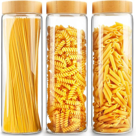 Glass Canisters With Airtight Bamboo Lids - 3 Pack 80oz Cereal Containers, Cookie Jars, Pasta Storage - Screw On Kitchen Jars by AISIPRIN