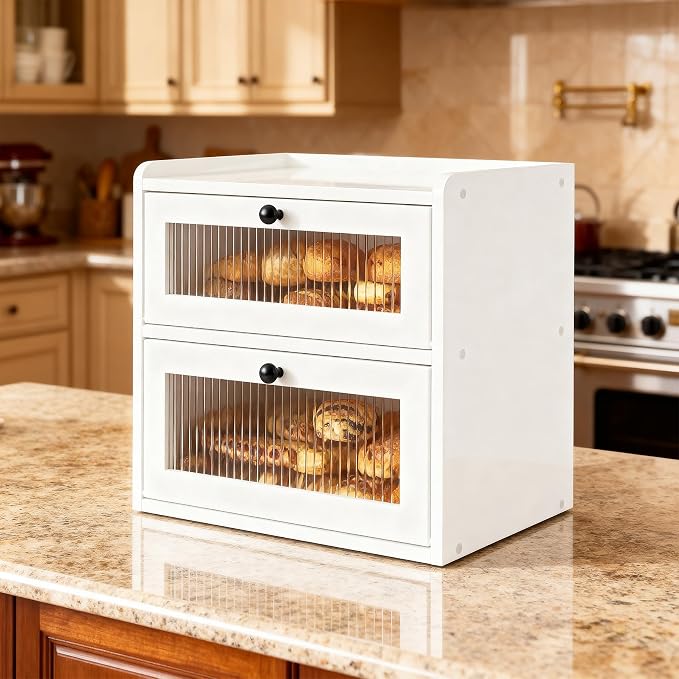 Alpeir Wooden Bread Box for Kitchen Countertop, Large Double Layer, White | Food-Safe Pine Wood, Double-Row Ventilation, Strong Acrylic Window, Raised Top Shelf, Easy Care, Farmhouse Corner Container - Image 8