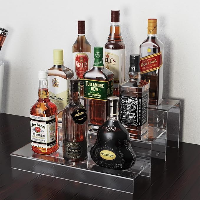 JUESHA 2 Pack Tiers Bar Shelves for Liquor Bottles (Patent: D1076520S) | 15" Clear Acrylic Risers Display Racks Stands for Figures Pops Cupcake Perfume Collections (Clear) - Image 2