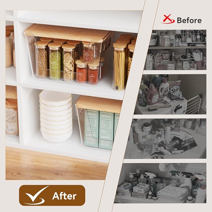 2 Set Pantry Organizers and Storage with Bamboo Lids, Stackable Clear Bins for Onion, Potato, Fruit, Vegetables, Trash Bag Dispenser, Kitchen and Under Sink Organizer - Image 7