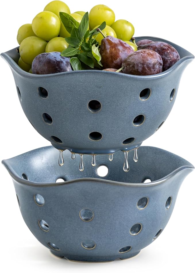 Gomakren Fruit Basket Set of 2, Ceramic Fruit Bowl Berry Basket with Holes, 7.6 Inch Fruit Containers Colander for Fridge - Farmhouse Kitchen Decor, Slate Blue by Gomakren