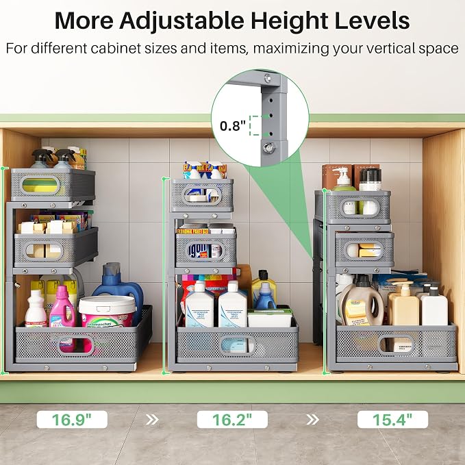 Kitstorack Under Sink Organizer, 1-Pack 3-Tier Height Adjustable Thickened Metal Pull out Cabinet Organizer Shelf, Slide out Storage Drawer Rack for Bathroom Kitchen Pantry Home Organization, Grey - Image 7