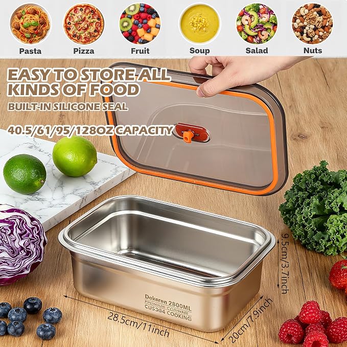 4 Pack Large Stainless Steel Food Storage Containers with Leak-proof Lids 316 Metal Meal Prep Container Lunch Box Freezer Safe Microwave Safe for Meal Prep Bento (41oz, 61oz, 95oz, 128oz) - Image 3