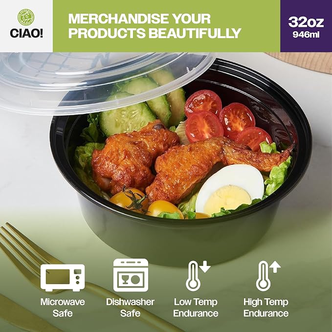 CIAO! Heavy Weight 32oz Injection Molded Microwavable Black Round Food Container with Lid (150/case) - Image 6