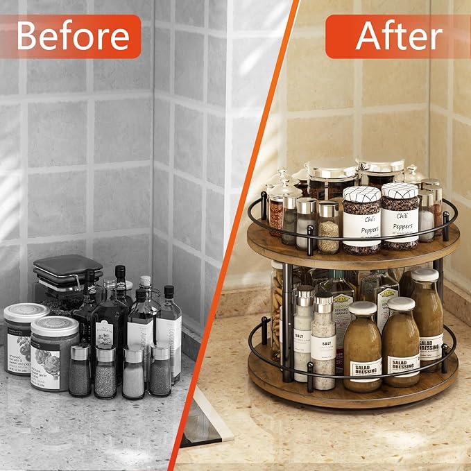 2 Tier Lazy Susan Organizer,2-Tier Spinning Spice Rack with Stable Carousel Base & 4 Height Settings for Cupboard Kitchen Countertop Dining Table Cupboard (Two-Ply(Round)) - Image 4