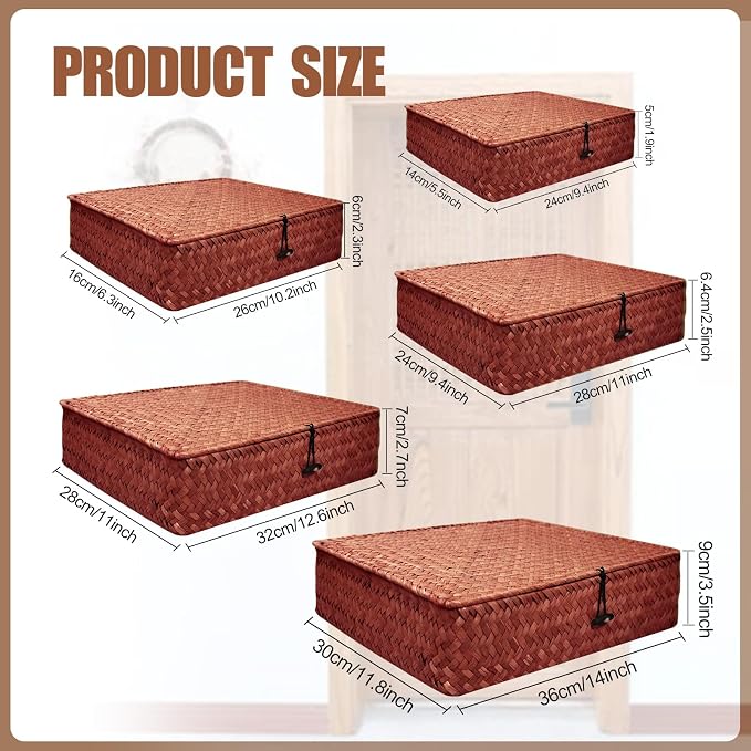 5 Pcs Seagrass Basket with Lid 5 Sizes Decorative Storage Boxes Rattan Wicker Storage Basket with Lids Woven Organizer Baskets Multipurpose Flat Storage Bins for Shelf Closet Bedroom (Dark Brown) - Image 2