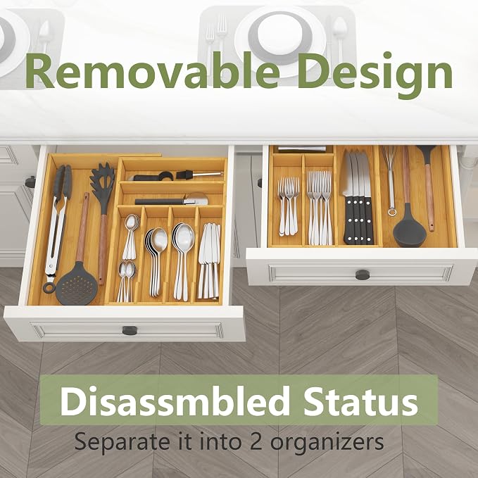 Suli Extra Large Silverware Drawer Organizer,Expandable 22in to 37in,Bamboo | 2.6in Deep,13 Slot,Removable Design,Expandable Utensil Tray for Kitchen Drawer,Big Adjustable Cooking Cutlery Flatware Holder - Image 8