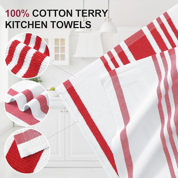 Homaxy Premium Cotton Stripe Kitchen Towels 3 Pack, 18"x 28", Red | Large 380 GSM Kitchen Hand Towels, Soft Terry Dish Towels, Highly Absorbent Tea Towel Set with Hanging Loop - Image 2