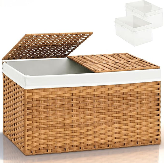 Storage Basket with Lid: Rattan Woven Storage Basket with 2 Separate Lids, 17.2 Gallon (65L), 22 x 13 x 13.8 Inches, Foldable, with 2 Removable Liner Bags & Handles, for Bedroom, Laundry Room, Natural by Laveduso