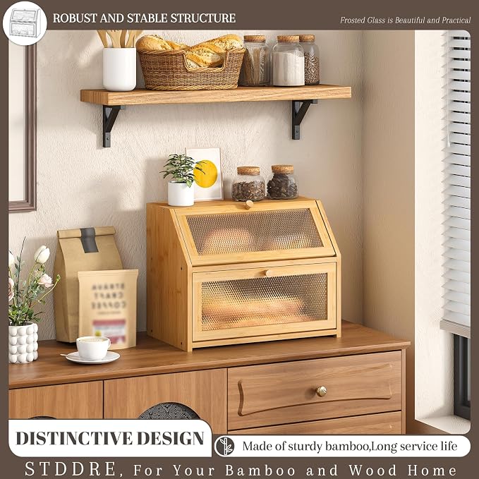 STDDRE Bread Box for Kitchen Countertop Bin Double Layer Bread Box Storage Container Extra Large Capacity Farmhouse with Diamond Pattern Windows (Natural, Large) - Image 2