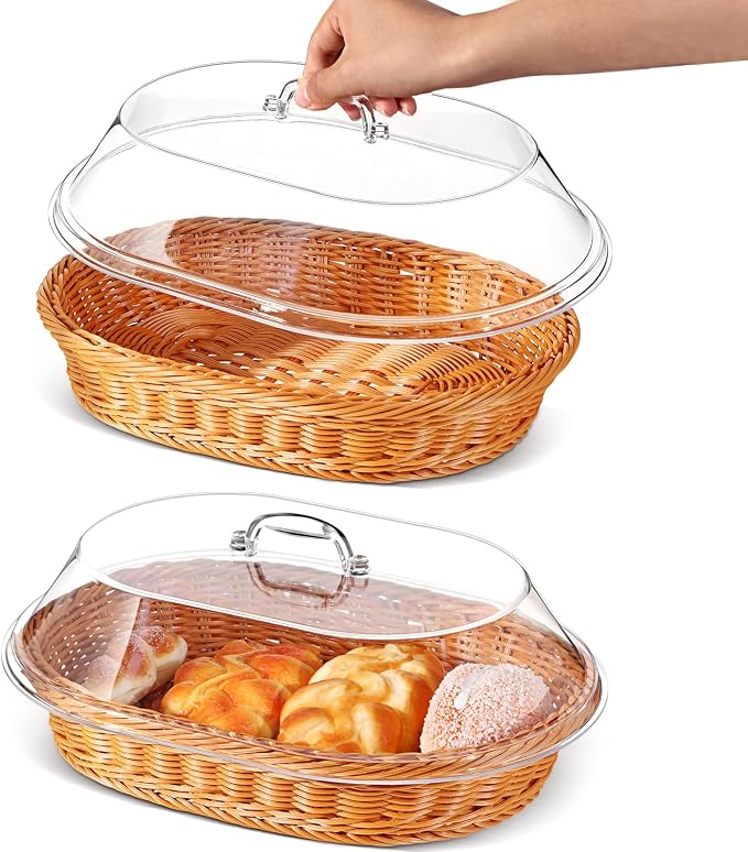 Hushee 2 Set Imitation Rattan Bread Basket with Lid Wicker Bread Baskets for Serving Woven Fruit Basket with Cover Oval Food Baskets for Food Vegetables Display(13.78 x 9.84 Inch) by Hushee